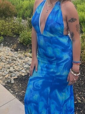 Hello Molly Blue Tie-Dye Halter Backless Maxi Dress